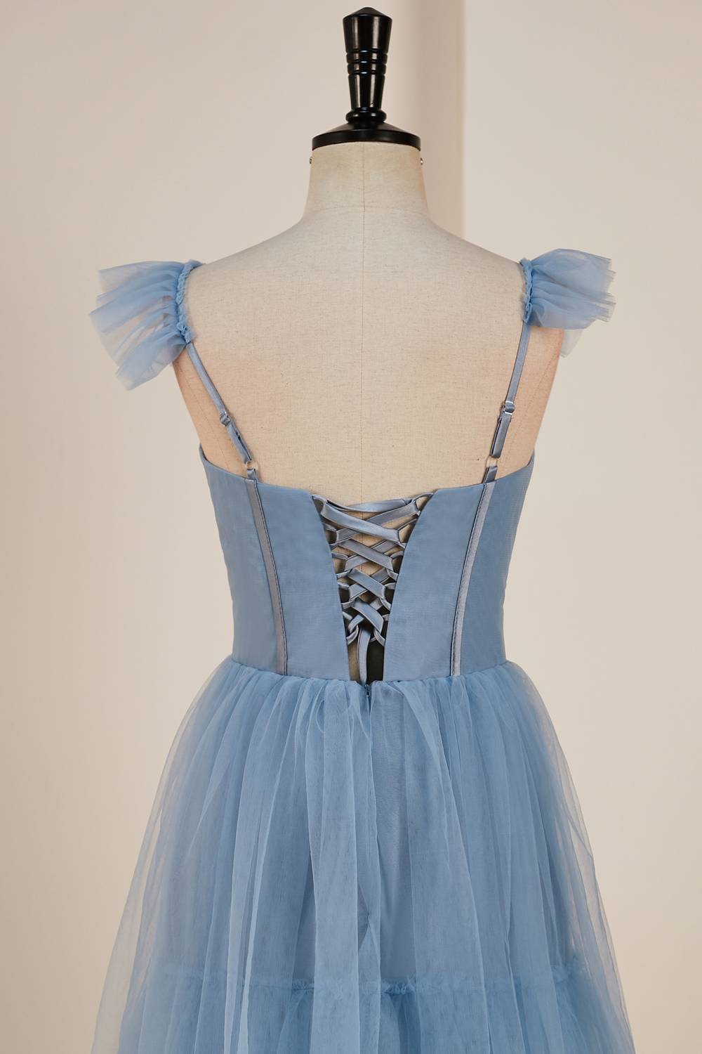 Dusty Blue Flutter Sleeves A-line Multi-Layers Long Prom Dress with Slit
