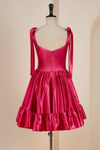 Rose Pink A-line Bow Tie Straps Ruffled Satin Homecoming Dress