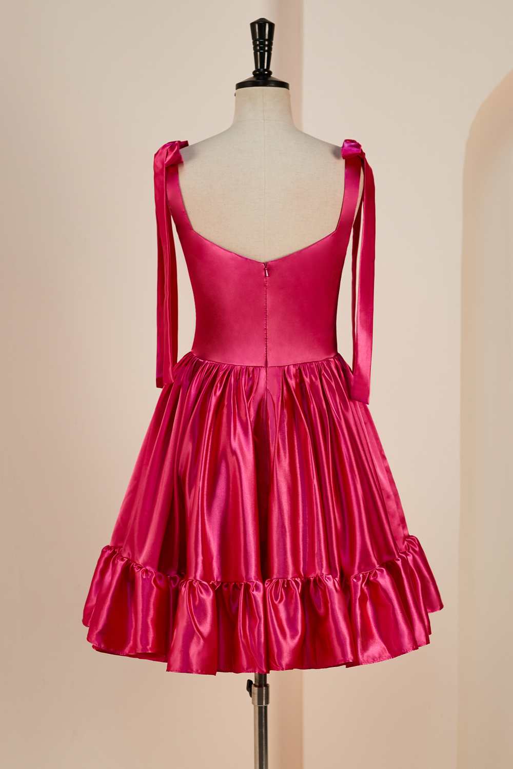 Rose Pink Aline Bow Tie Straps Ruffled Satin Dress