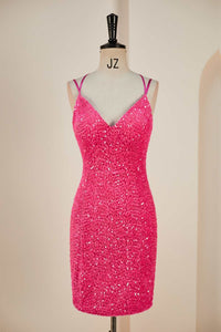 Hot Pink Sequins Sheath Deep V Neck Lace-Up Homecoming Dress