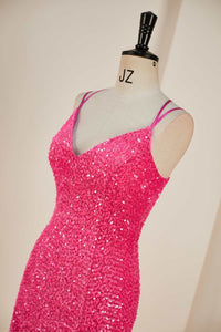 Hot Pink Sequins Sheath Deep V Neck Lace-Up Homecoming Dress