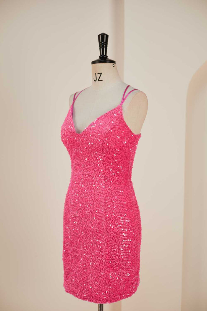 Hot Pink Sequins Sheath Deep V Neck Lace-Up Homecoming Dress