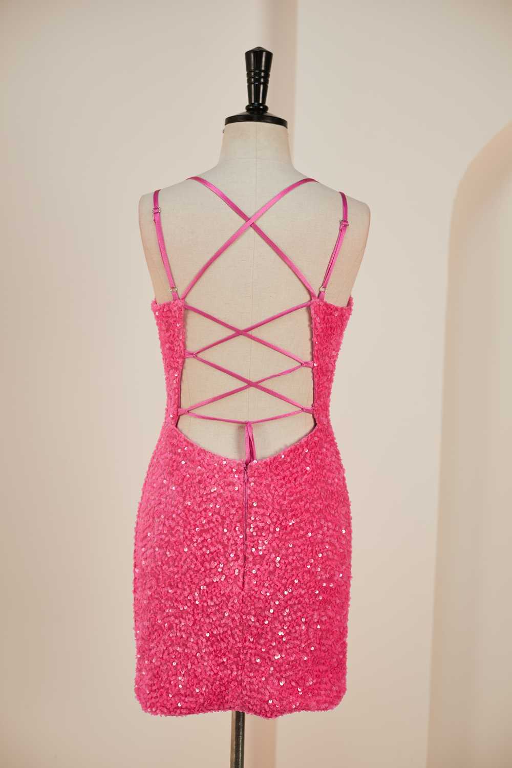 Hot Pink Sequins Sheath Deep V Neck Lace-Up Homecoming Dress