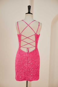 Hot Pink Sequins Sheath Deep V Neck Lace-Up Homecoming Dress