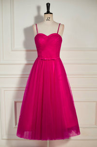 Fuchsia Straps A-line Tulle Tea-Length Prom Dress