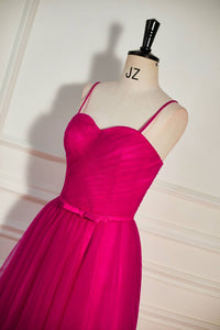 Fuchsia Straps A-line Tulle Tea-Length Prom Dress