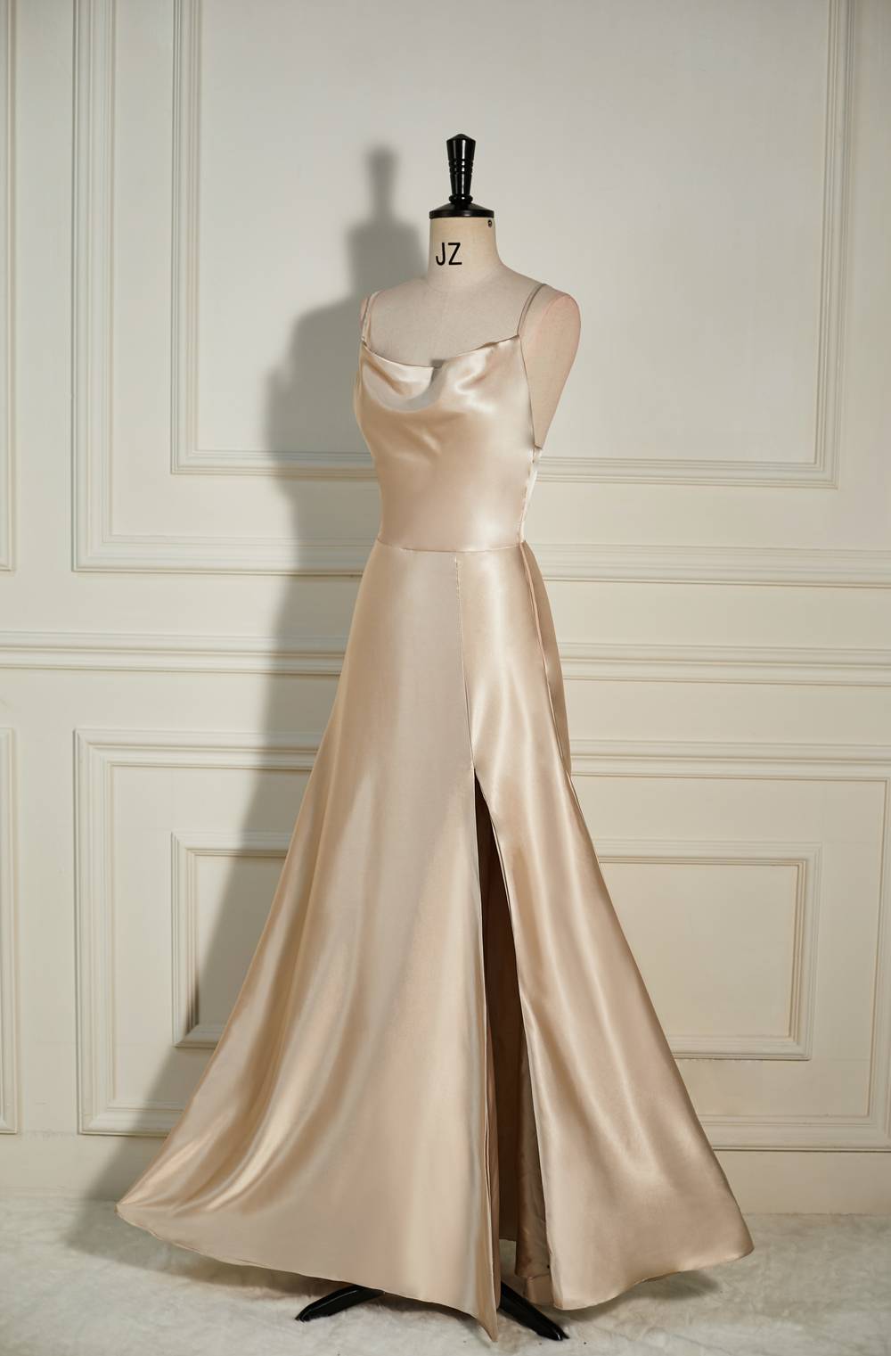 champagne bridesmaid dress cowl neck