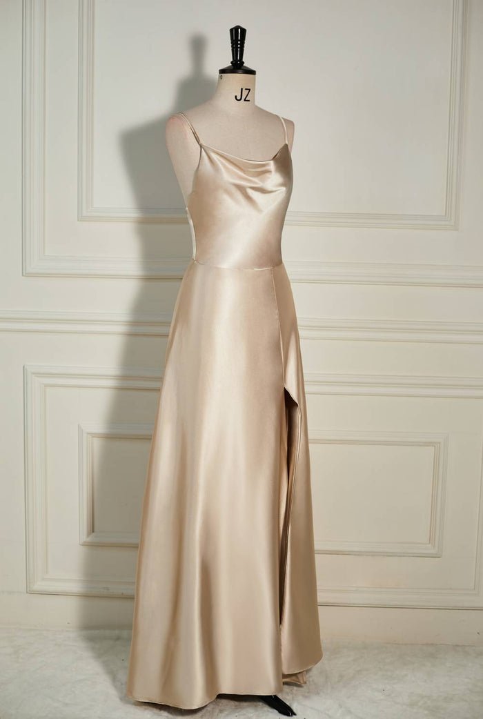 Champagne Cowl Neck Straps A-line Satin Long Prom Dress with Slit