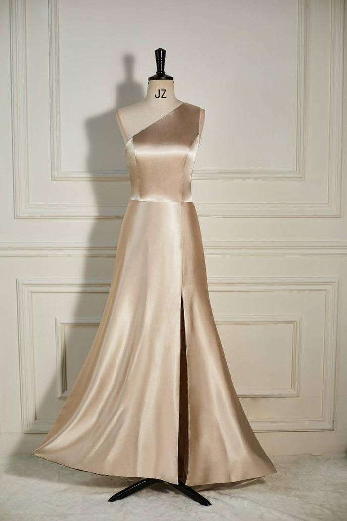 Champagne One Shoulder A-line Satin Long Prom Dress with Slit