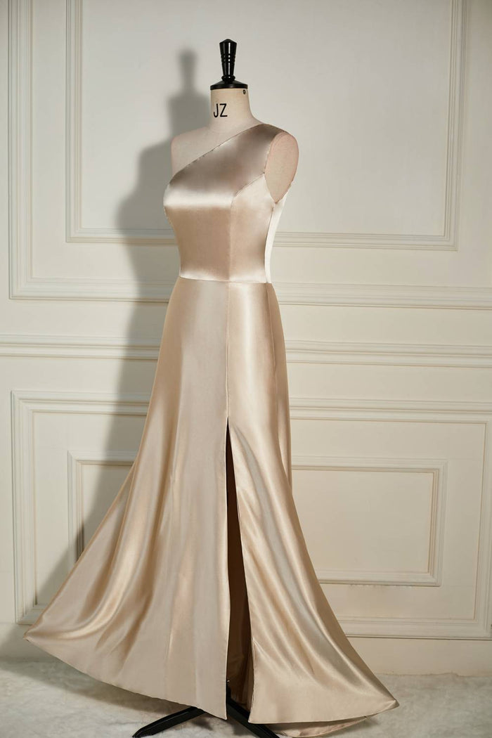 Champagne One Shoulder A-line Satin Long Prom Dress with Slit