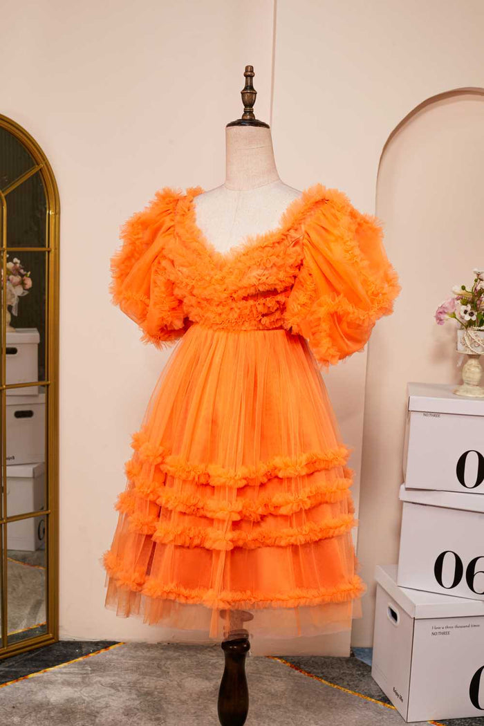 Orange A-line Ruffled Puff Sleeves Homecoming Dress