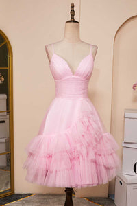 Pink A-line V Neck Ruffle-Layers Homecoming Dress