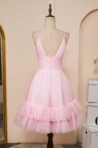 Pink A-line V Neck Ruffle-Layers Homecoming Dress