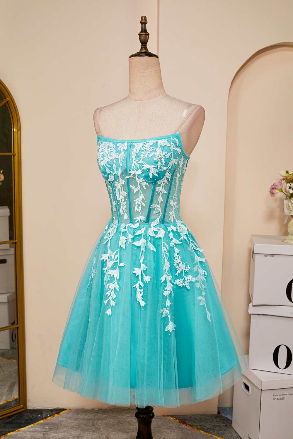 Sky Blue Appliques Strapless Aline Dress Dreamdressy
