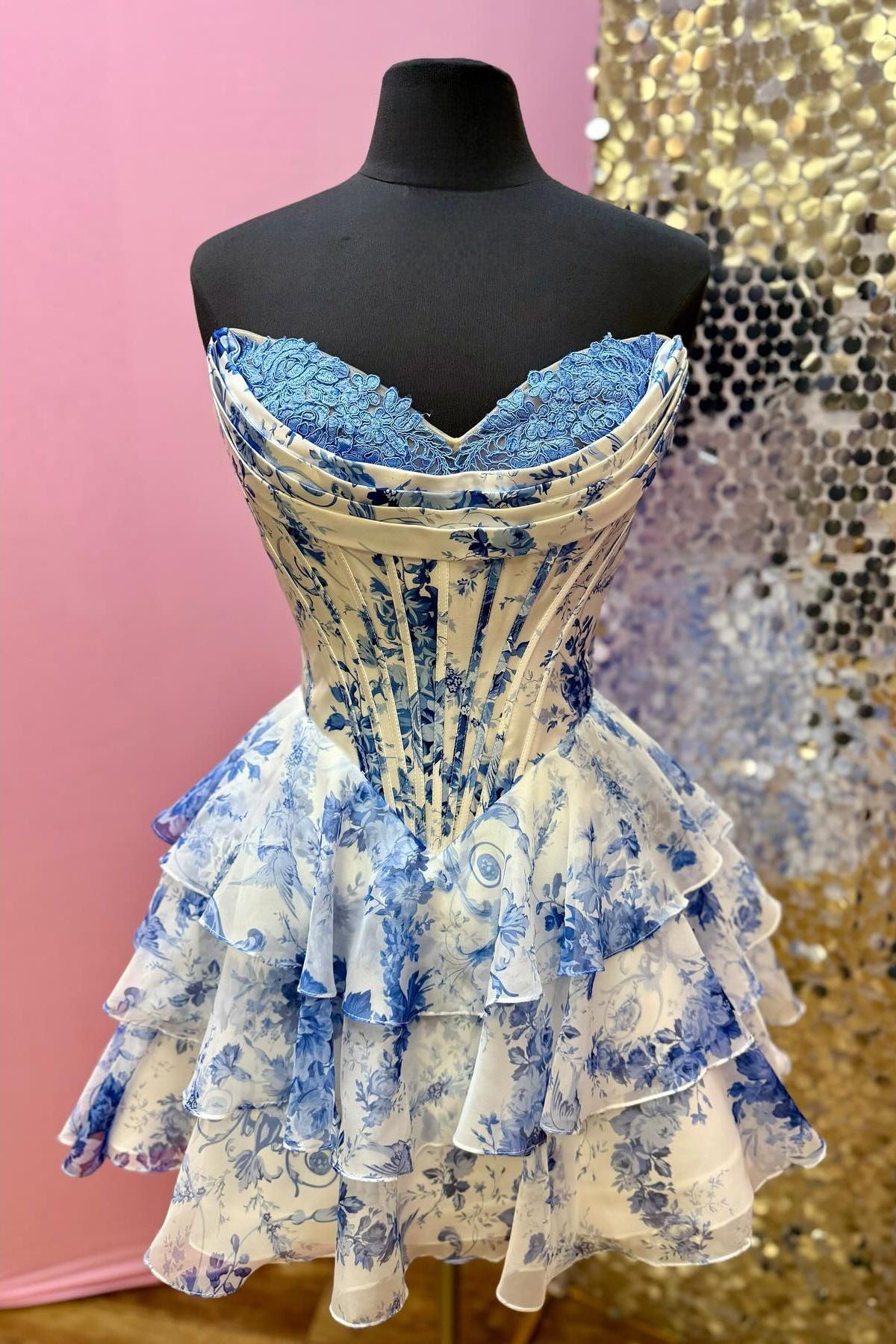 Pink Floral Corset A-line Short Ruffle Dress