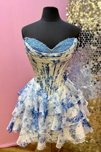 Pink Floral Corset A-line Short Ruffle Dress