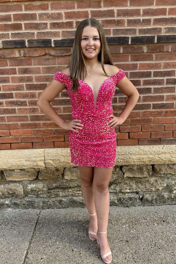 Off the Shoulder Hot Pink Sequin Short Dress
