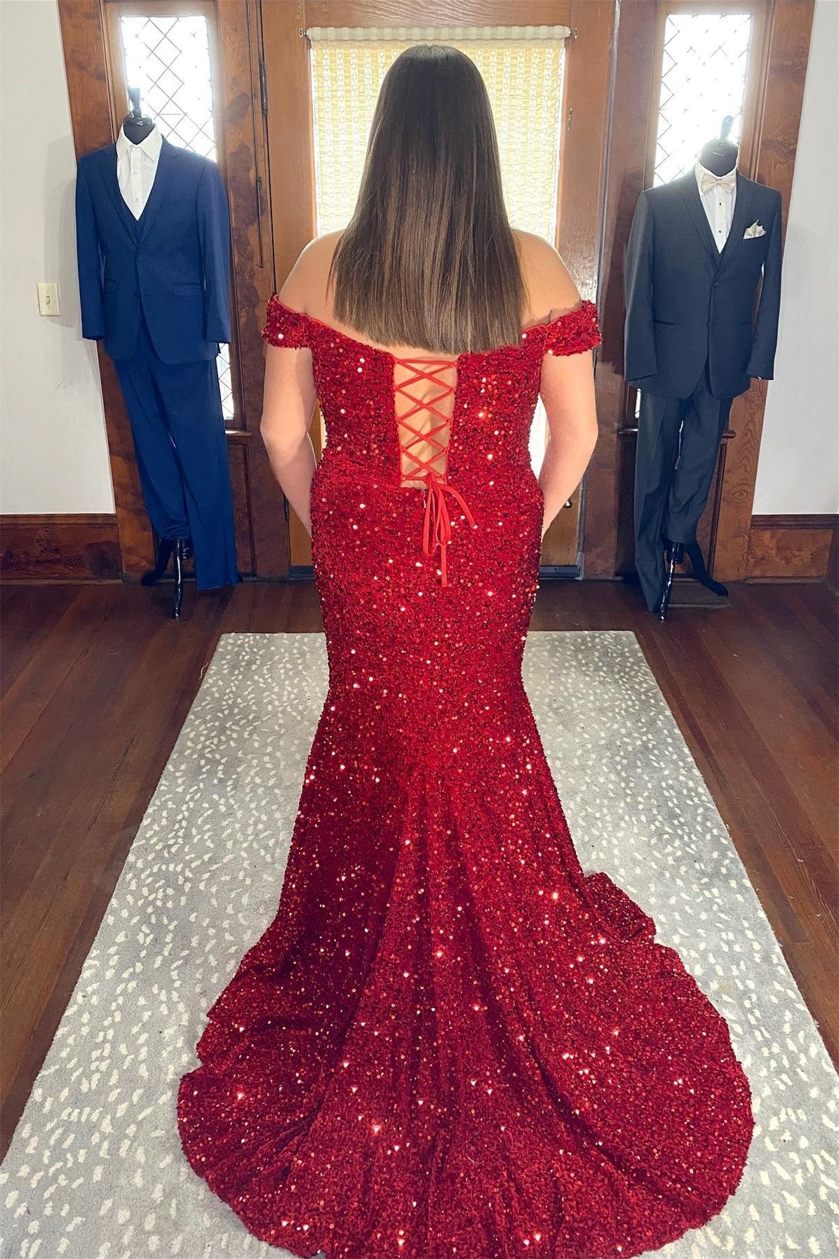 Off the Shoulder Royal blue Sequin Mermaid Long Prom Dress