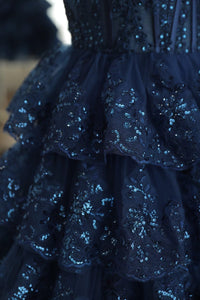 Dark Navy One Shoulder Appliques Multi-Layers Tulle Homecoming Dress