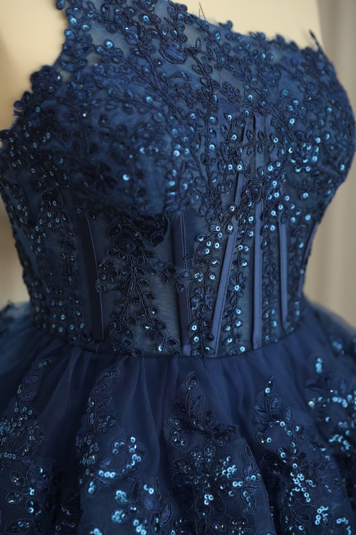 Dark Navy One Shoulder Appliques Multi-Layers Tulle Homecoming Dress