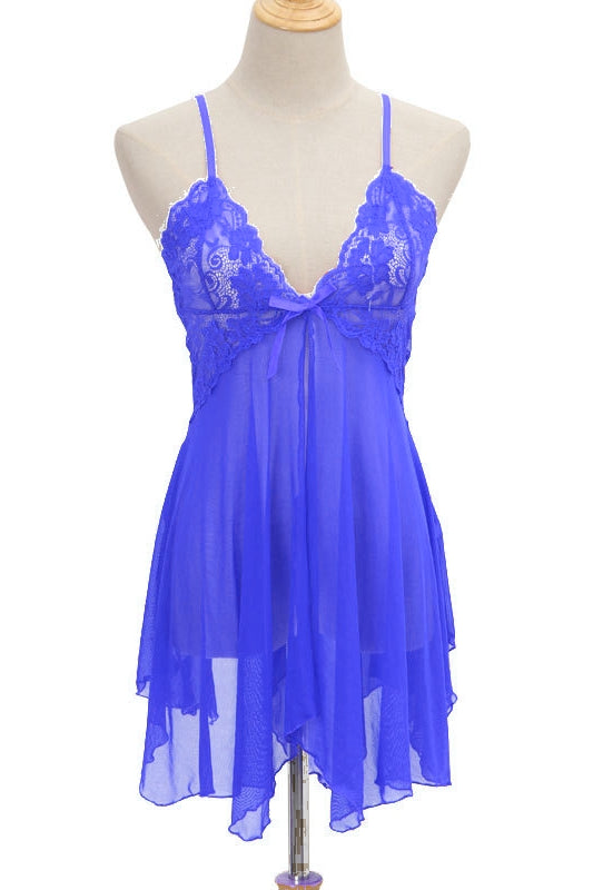 Royal Blue Tulle Deep V Neck Straps Lingerie