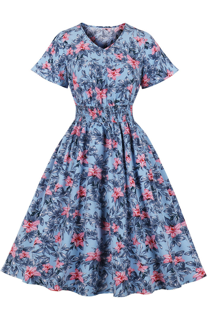 Blue Floral A-line V Neck Vintage Dress