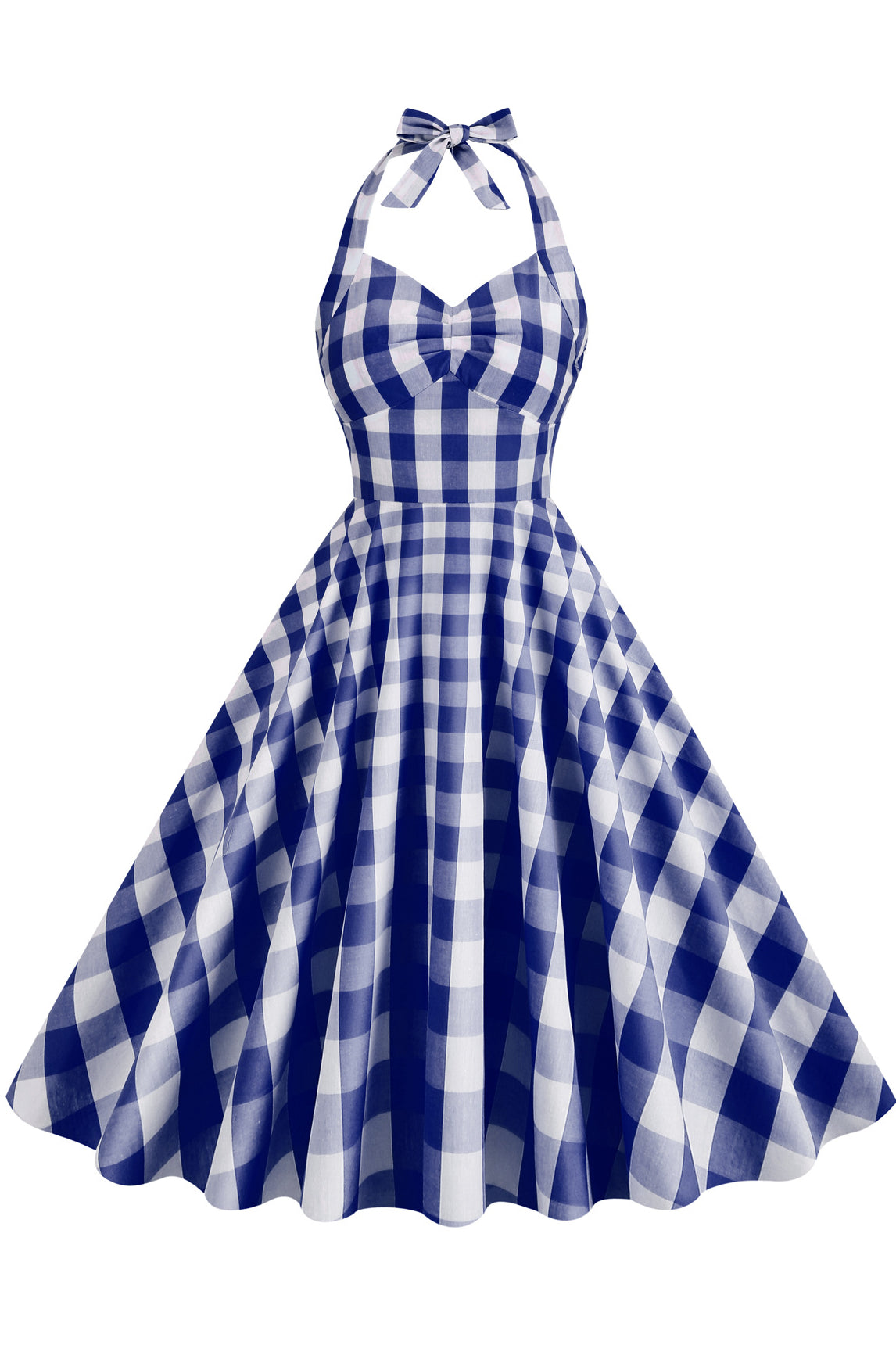 Herbene Blue Plaid Bow Tie Halter Dress