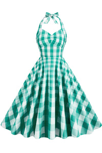 Herbene Green Plaid Bow Tie Halter Dress