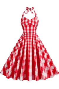 Herbene Red Plaid Bow Tie Halter Dress