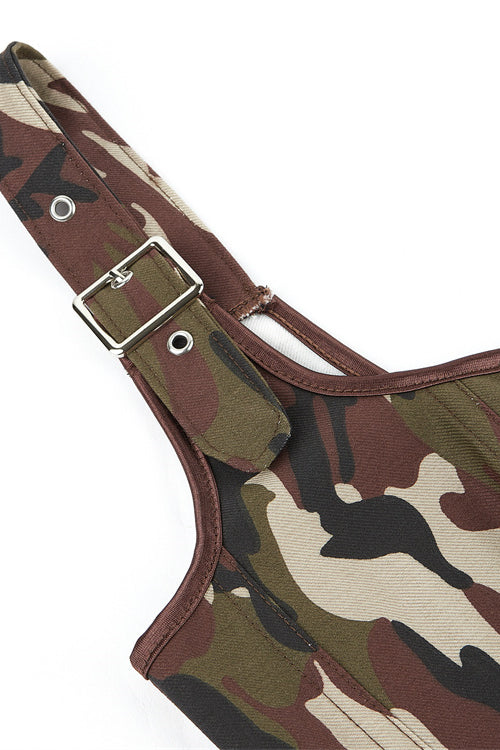 Green Camouflage Lace-Up Retro U Neck Bustier Corset Top