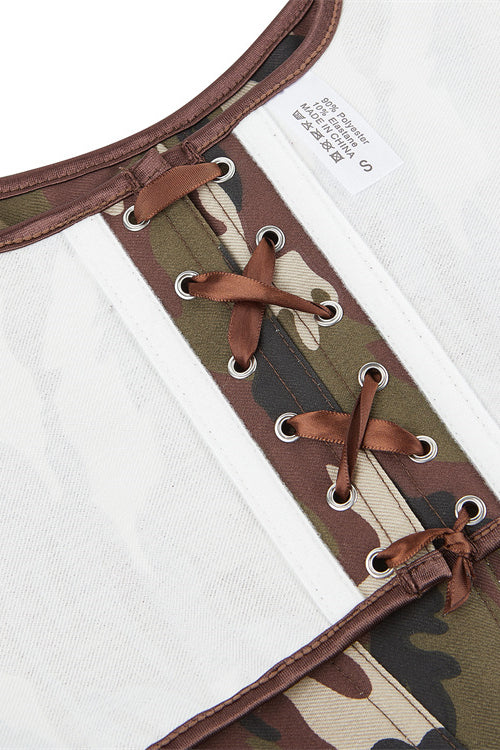 Green Camouflage Lace-Up Retro U Neck Bustier Corset Top