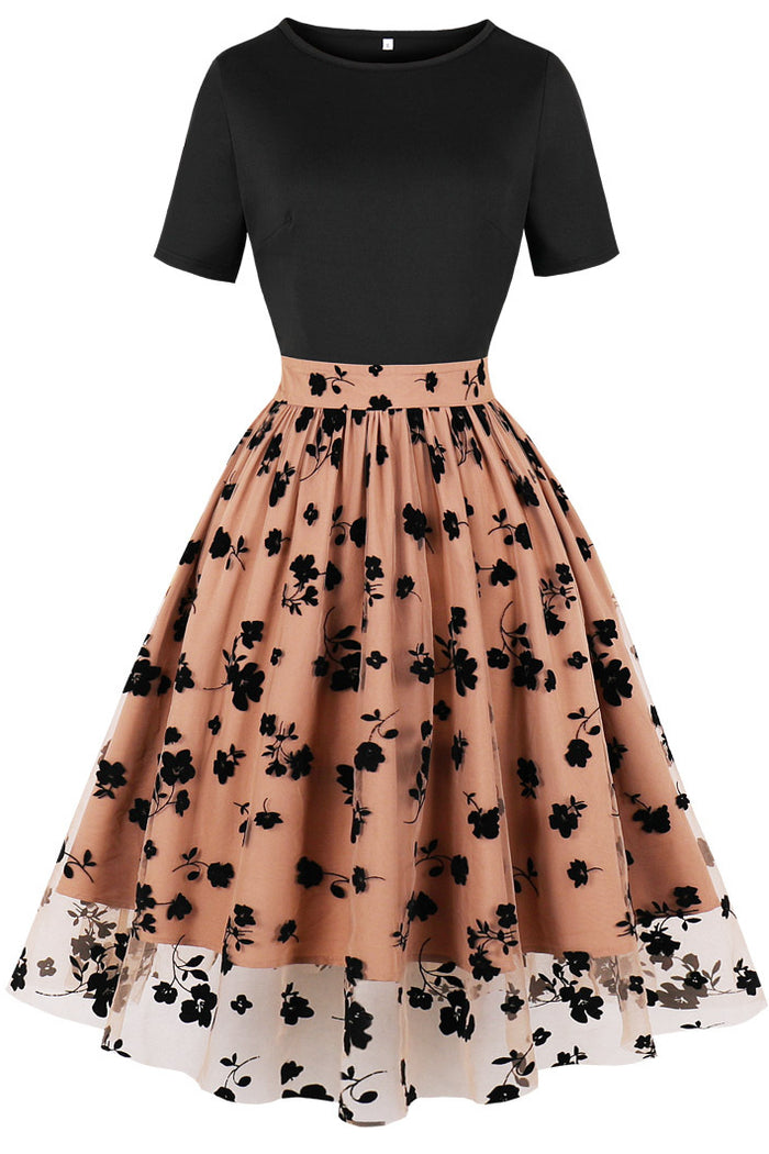 Brown Floral Vinatge Dress with Black Top