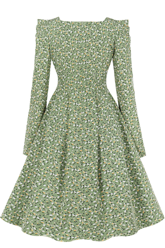 Green Puff Long Sleeves Square Neck Floral Vintage Dress