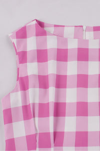 Pink Plaid Sleeveless Plaid A-line Vintage Dress