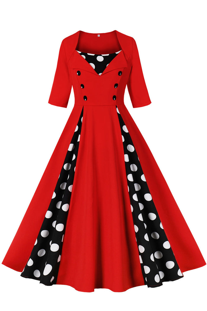Red A-line Dotted Vintage Dress