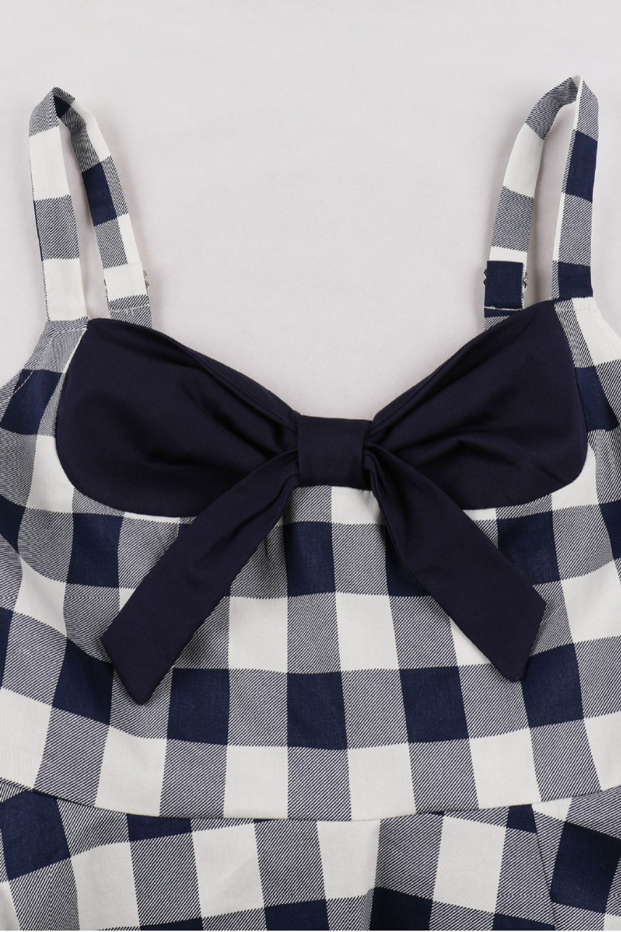 Navy Blue Plaid A-line Silp Vintage Dress with Bow
