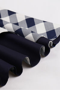 Navy Blue Plaid A-line Silp Vintage Dress with Bow