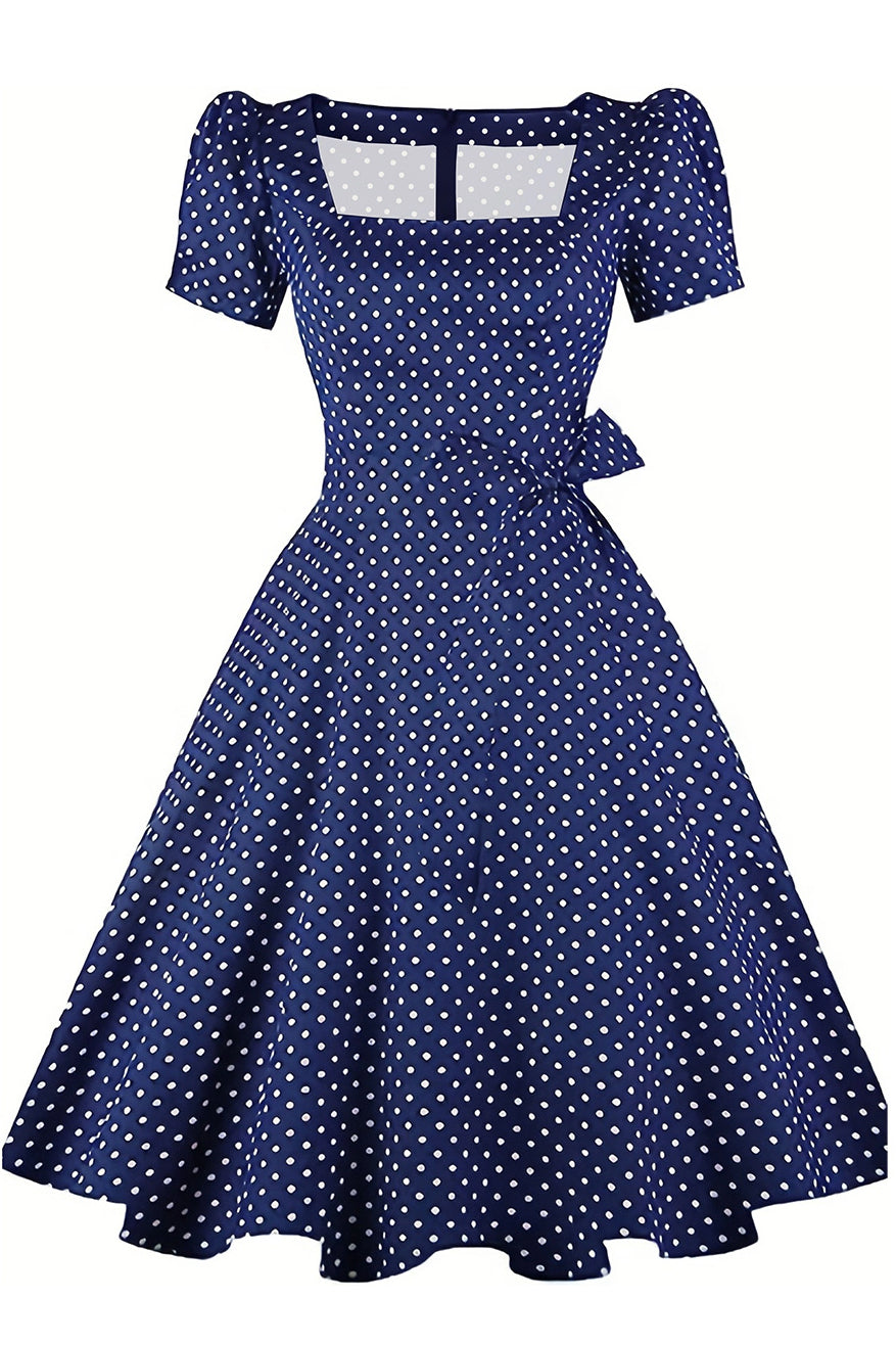 Navy Blue Puff Sleeves Square Neck Dot A-line Vintage Dress