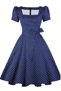 Navy Blue Puff Sleeves Square Neck Dot A-line Vintage Dress