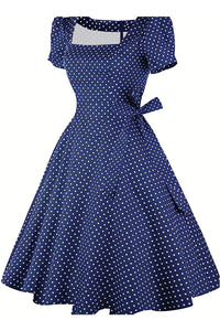 Navy Blue Puff Sleeves Square Neck Dot A-line Vintage Dress