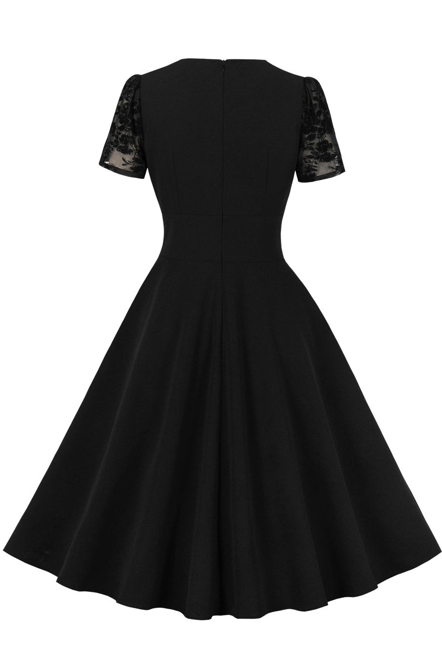 Herbene Black Lace Sleeves V Neck A-line Vintage Dress