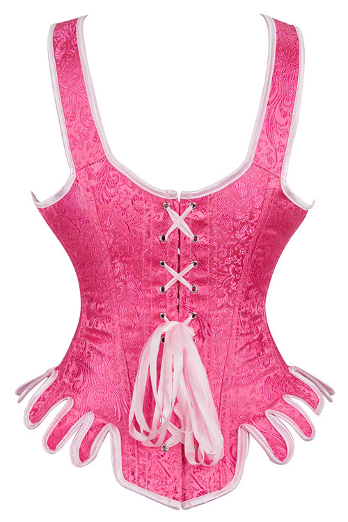 Vintage Barbie Pink Lace-Up Floral Embroidery Steel Boned Bustier