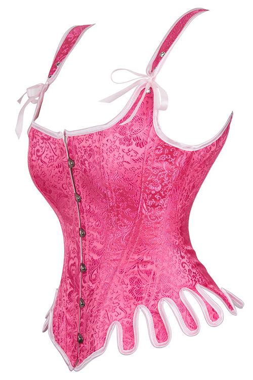 Vintage Barbie Pink Lace-Up Floral Embroidery Steel Boned Bustier Corset Top