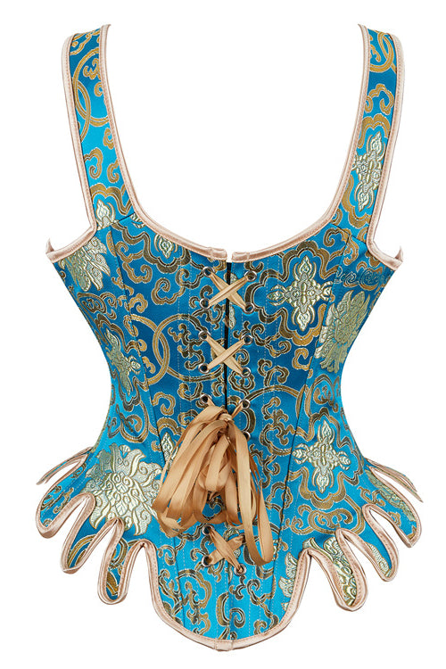 Vintage Blue Lace-Up Floral Embroidery Steel Boned Bustier Corset Top