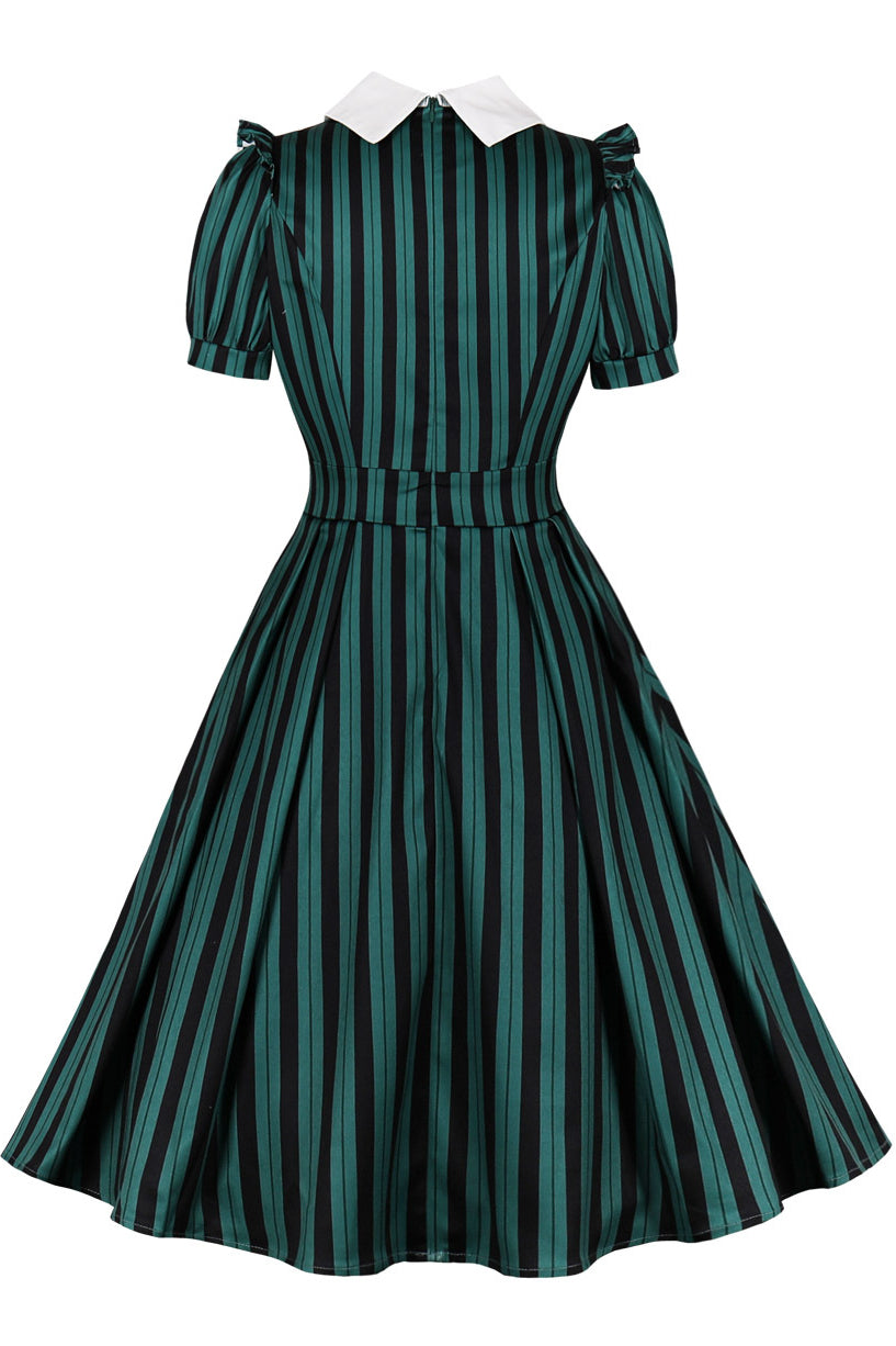 Green Shirt Collar Stripes A-line Vintage Dress