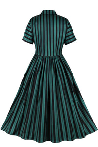 Green Stripes Lapel A-line Vintage Dress
