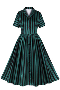 Green Stripes Lapel A-line Vintage Dress