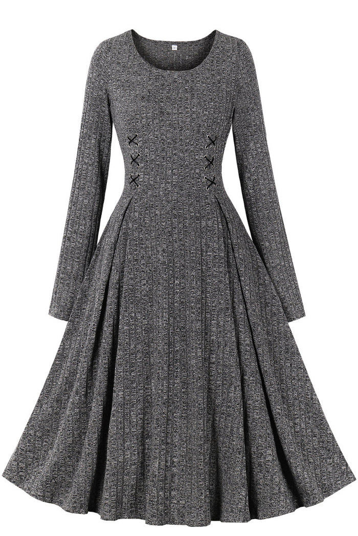 Grey Long Sleeves A-line Knitted Vintage Dress
