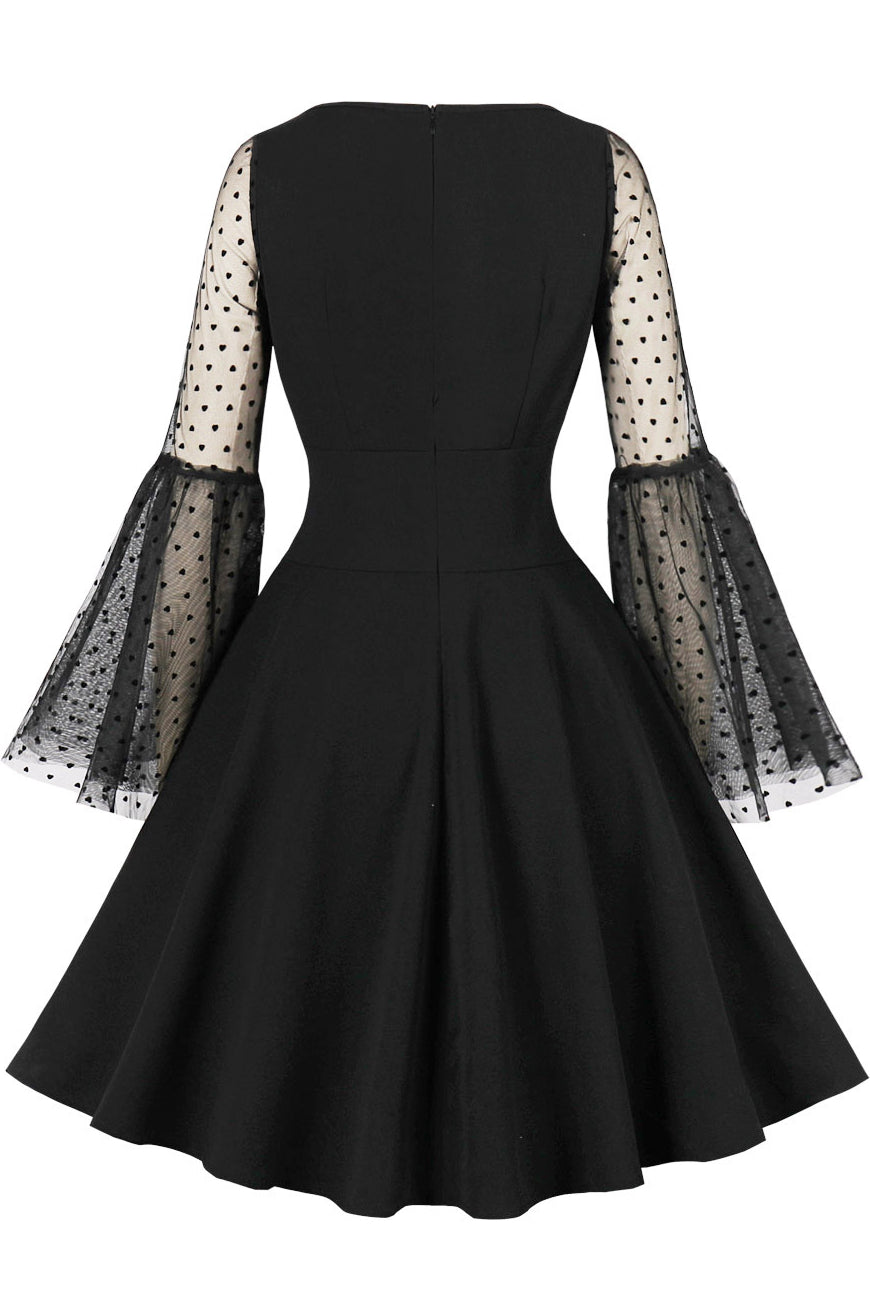 Black Dot Bell Sleeves A-line Vintage Dress
