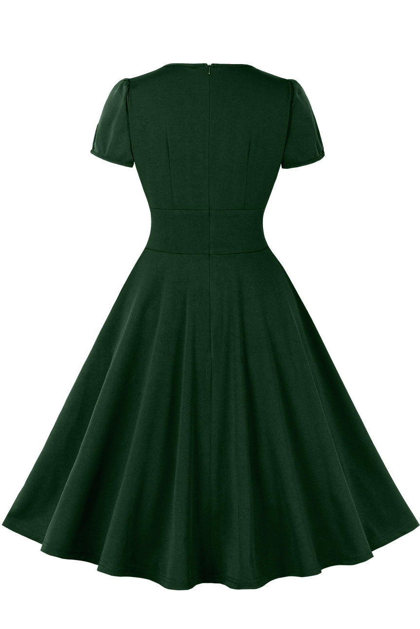 Hunter Green Short Sleeves A line V Neck Vintage Dress Dreamdressy